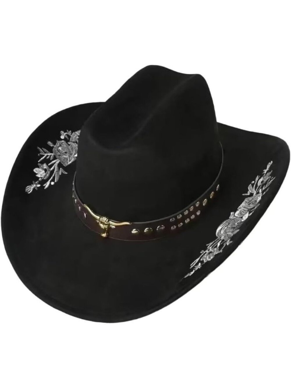 Unisex Black Floral Embroidery Wide Brim Rodeo Halloween Felt Party Hat